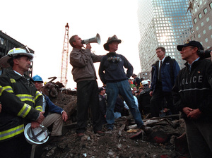 Bush addresses rescue workers at ground zero.