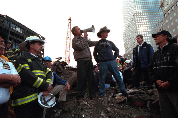 Bush addresses rescue workers at ground zero.