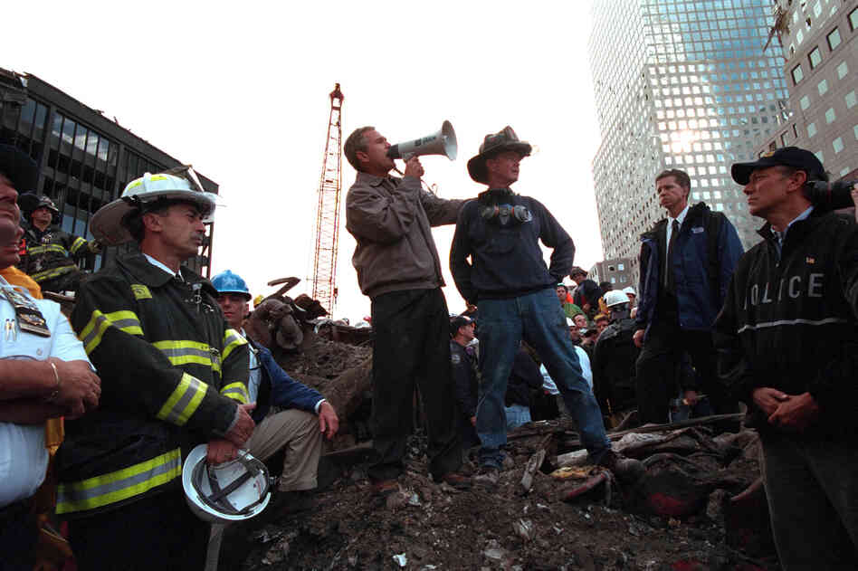 Bush addresses rescue workers at ground zero.