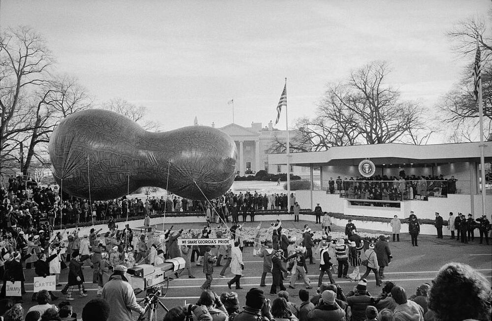 A peanut-shaped float passes by the reviewing stand at the inaugural parade for President Jimmy Carter in 1977. A peanut-shaped float passes by the reviewing stand at the inaugural parade for President Jimmy Carter in 1977.