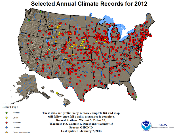 The red dots are places that last year set records for average annual high temperatures.