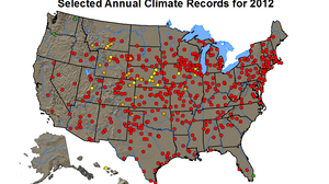 The red dots are places that last year set records for average annual high temperatures.