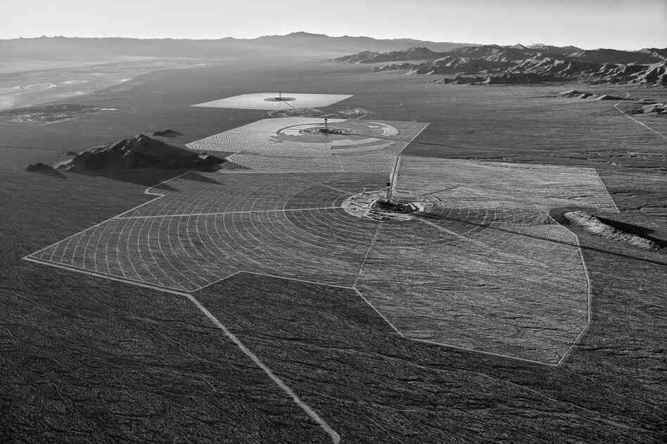Before heliostat installation had begun on Solar Field Three. Interstate 15 and the Primm Valley Gold Club are in the distance to the left. October 2012.