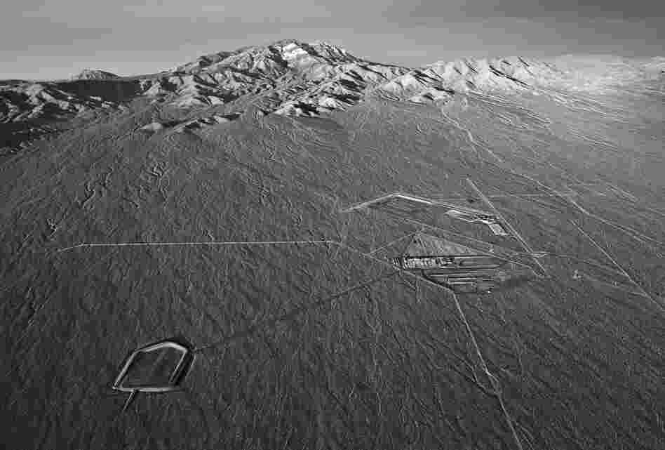 Aerial view toward Clark Mountain of groundwork for future power block of Solar Field One. ISEGS, Mojave Desert, Calif., USA, Jan. 14, 2011.