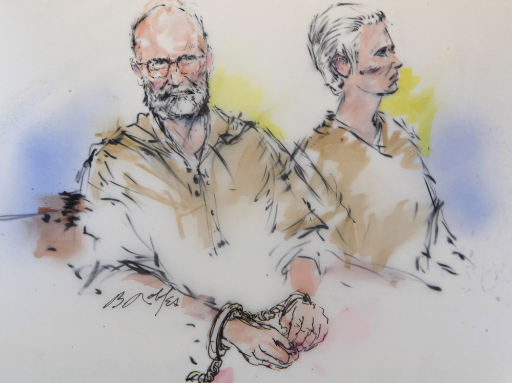 In this courtroom sketch, James "Whitey" Bulger and his girlfriend, Catherine Greig, are arraigned in a federal courtroom in Los Angeles in 2011.