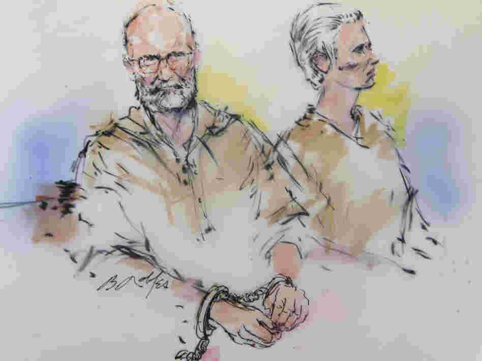In this courtroom sketch, James "Whitey" Bulger and his girlfriend, Catherine Greig, are arraigned in a federal courtroom in Los Angeles in 2011.