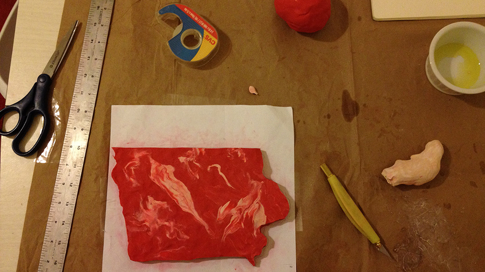 Sizing Iowa's steak. The height of each steak, from top to bottom, scales with the state's annual beef production. Iowa ranks second in the U.S. with over 6.5 billion pounds of beef made in 2011, so its steak is about 6.5 inches tall.