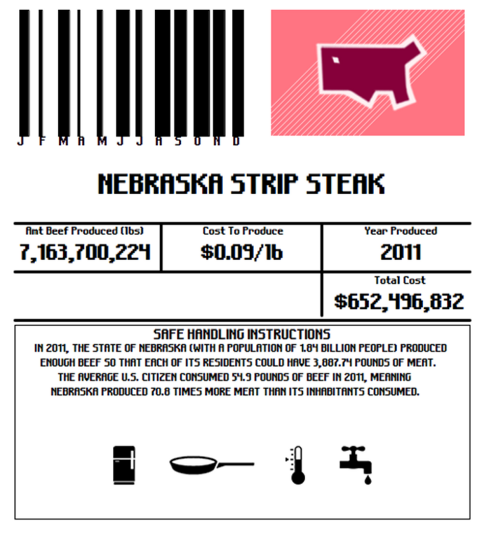 Each label gives the total pounds of beef produced annually in the state, the cost to produce that much beef and how much steak each person in that state would need to eat for the beef to be consumed "locally."