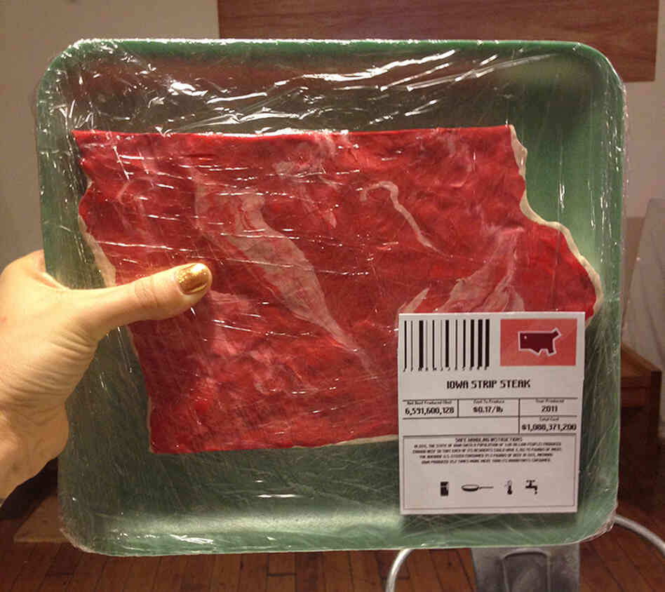 Super-sized steaks for big beef producers. The height of each steak, from top to bottom, is scaled to the state's annual beef production. Iowa made 6.5 billion pounds of beef last year, so its steak is about 6.5 inches tall. 
