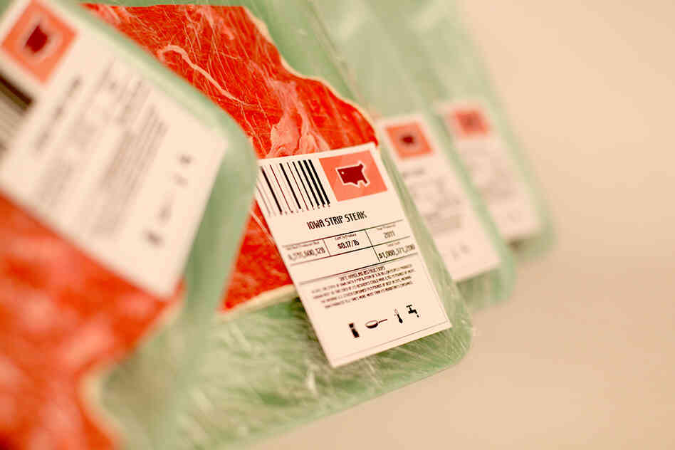 Hallacher says she choose the traditional Styrofoam and shrink-wrapped packaging because people are familiar with it. She also wanted to emphasize how little information is typically given about the beef's origin in this packaging. 
