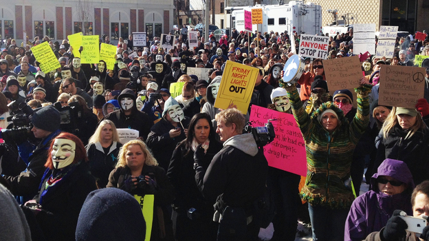 Protesters gather at the Jefferson County Courthouse in Steubenville, Ohio, on Saturday, to demand justice for a girl allegedly raped by Steubenville High School football players last August.