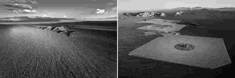 A section of the Mojave desert photographed before full construction commencement of Ivanpah Solar (left) and two years later (right).