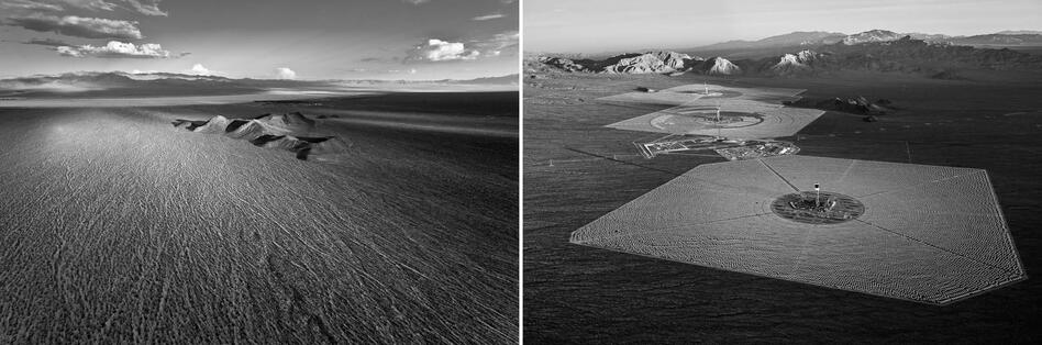 A section of the Mojave desert photographed before full construction commencement of Ivanpah Solar (left) and two years later (right).