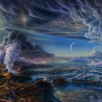 Illustration of what early Earth might have looked like covered by an ocean. Tides would have been stronger because of the closer moon.
