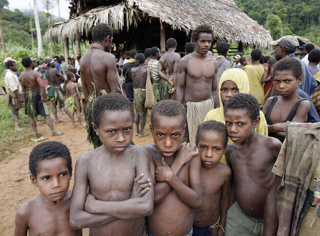 Chances are they already speak more languages than you: children from Papua New Guinea's Andai tribe of hunter-gatherers wait for their parents to vote in the village of Kaiam. Over 800 languages are spoken in PNG, a country of about six million people.