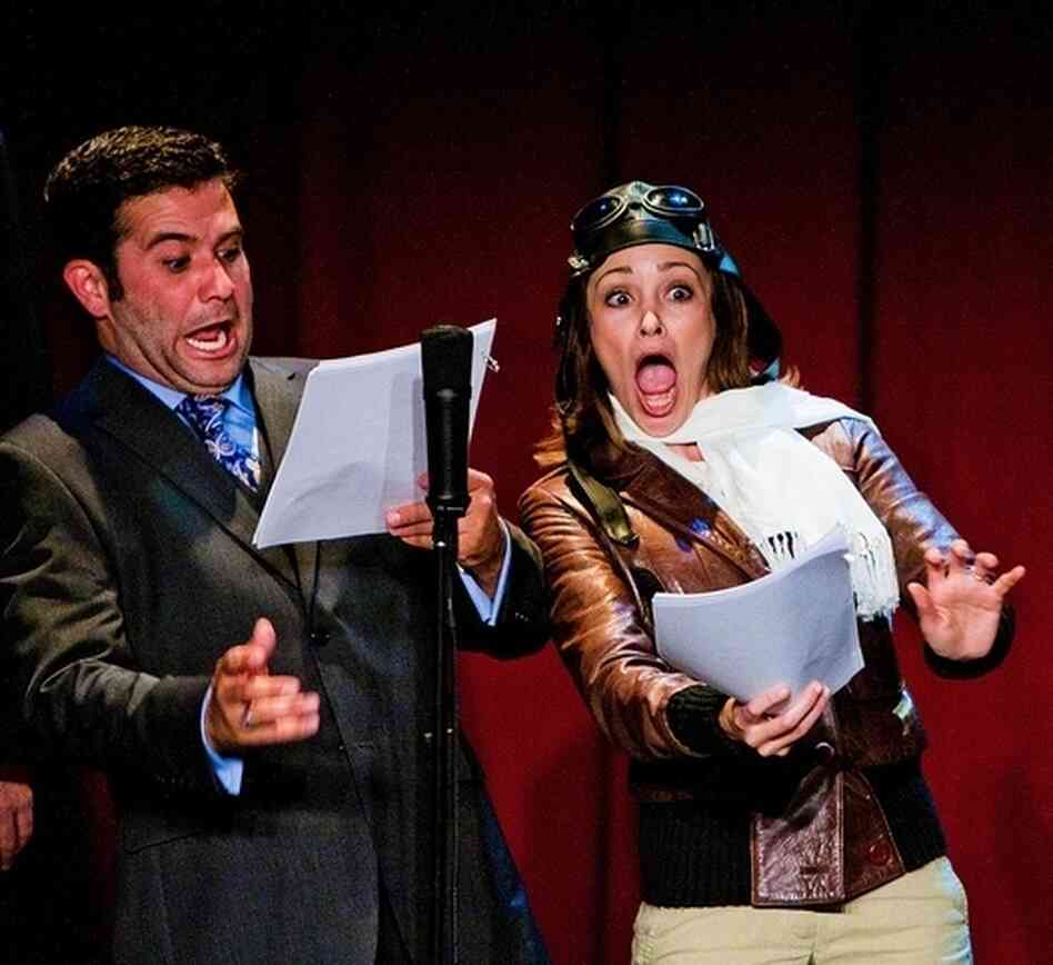 Mark Gagliardi and Autumn Reeser, as aviator Amelia Earhart, perform in The Thrilling Adventure Hour. Actors dress up and read scripts onstage in front of a live nightclub audience.