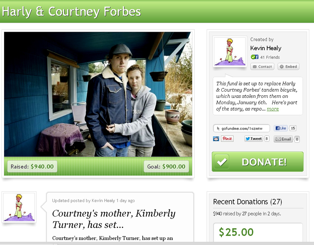 An online fundraising campaign collected more than $900 in just two days from people hoping to help Harly and Courtney Forbes replace their stolen tandem bicycle. The bike has since been returned. An online fundraising campaign collected more than $900 in just two days from people hoping to help Harly and Courtney Forbes replace their stolen tandem bicycle. The bike has since been returned.