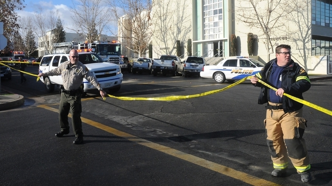 An area is cordoned off outside Taft Union High School in Taft, Calif., Thursday. Authorities said a student was shot and wounded and another student was taken into custody.