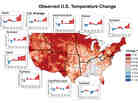 A map depicts temperature changes over the past 20 years, compared to the average between 1901 and 1960. "The period from  2001 to  2011 was  warmer than any previous decade in every region," according to the National Climate Assessment.
