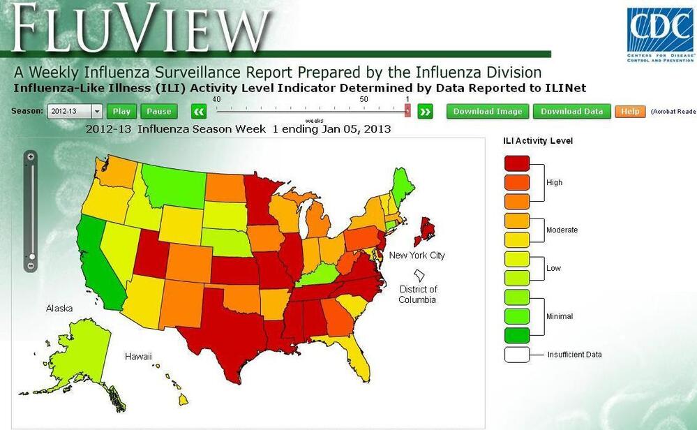 The Centers for Disease Control and Prevention's latest map about this year's flu outbreak. The redder the state, the more serious the situation was in the week ended Jan. 5.