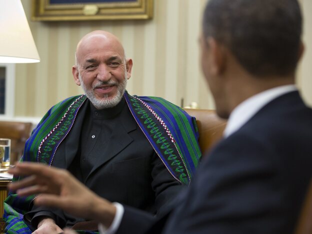 Afghan President Hamid Karzai smiled as President Obama gestured earlier today in the Oval Office. Afghan President Hamid Karzai smiled as President Obama gestured earlier today in the Oval Office.