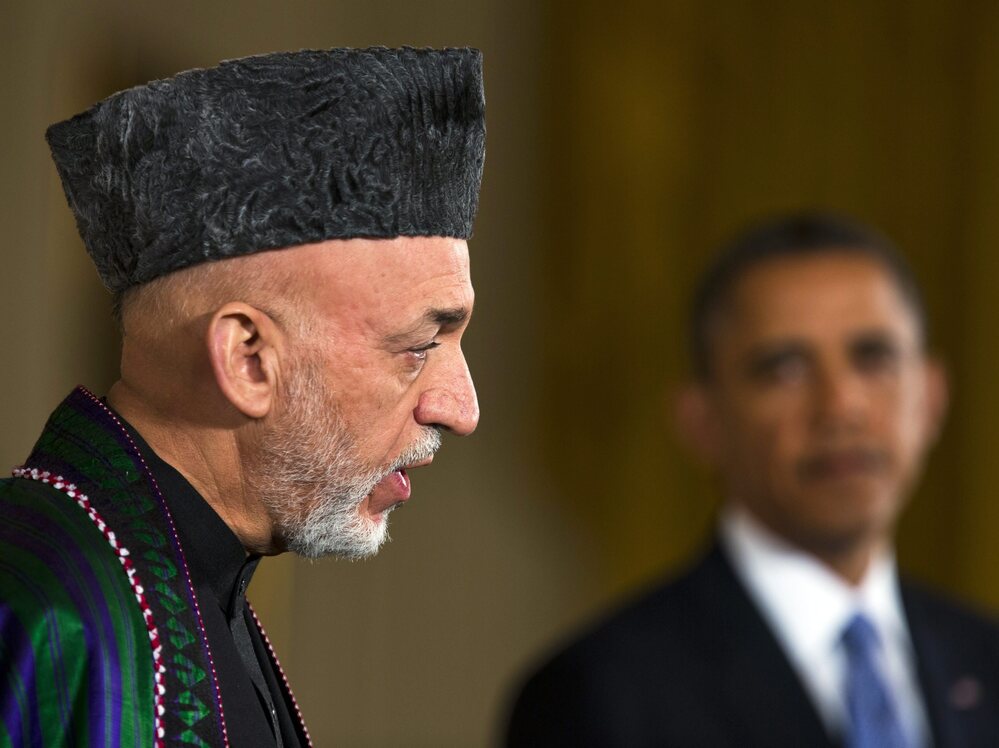 Afghan President Hamid Karzai and President Obama during Friday's news conference at the White House.