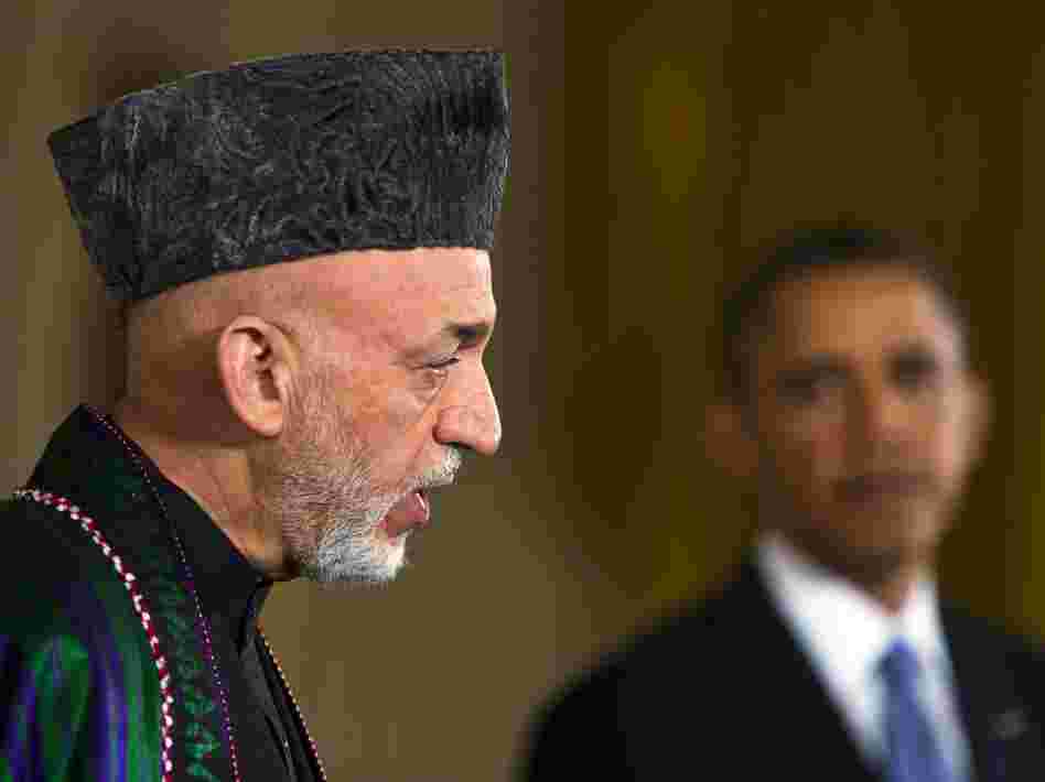 Afghan President Hamid Karzai and President Obama during Friday's news conference at the White House.