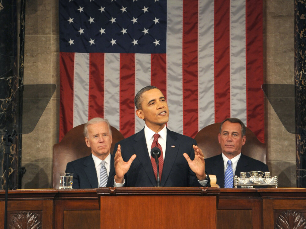 President Obama, Vice President Biden (at left) and House speaker John Boehner at the 2012 State of the Union address.