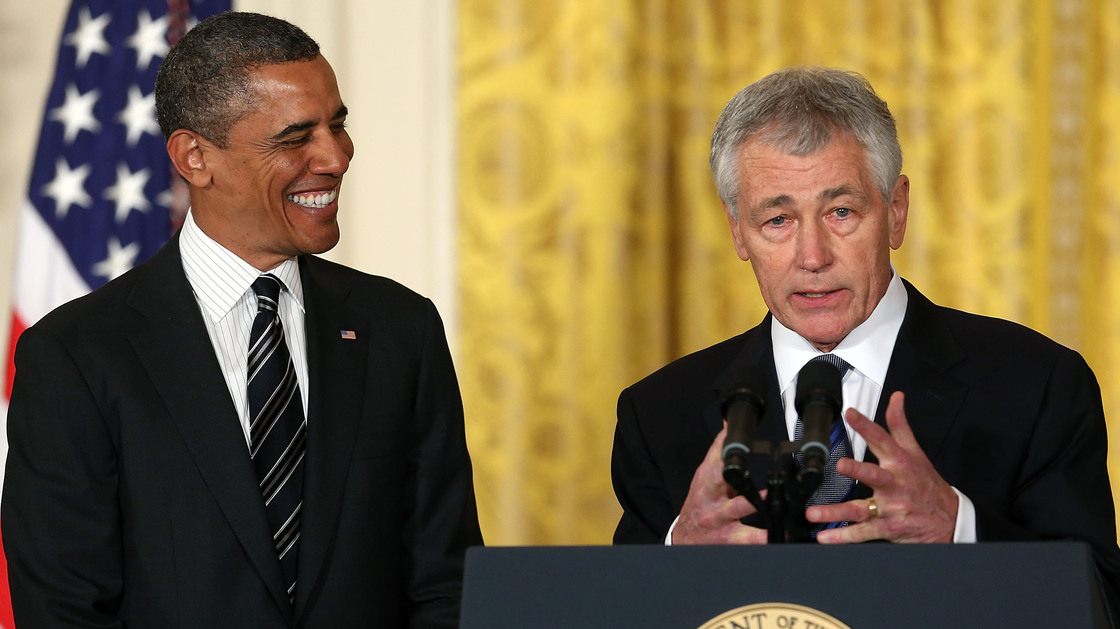 Former U.S. Sen. Chuck Hagel, R-Neb., speaks at the White House on Monday after President Obama nominated him to replace U.S. Defense Secretary Leon Panetta.