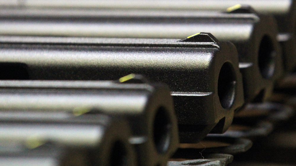 Handgun barrels on the assembly line of Hi-Point Firearms in Mansfield, Ohio.