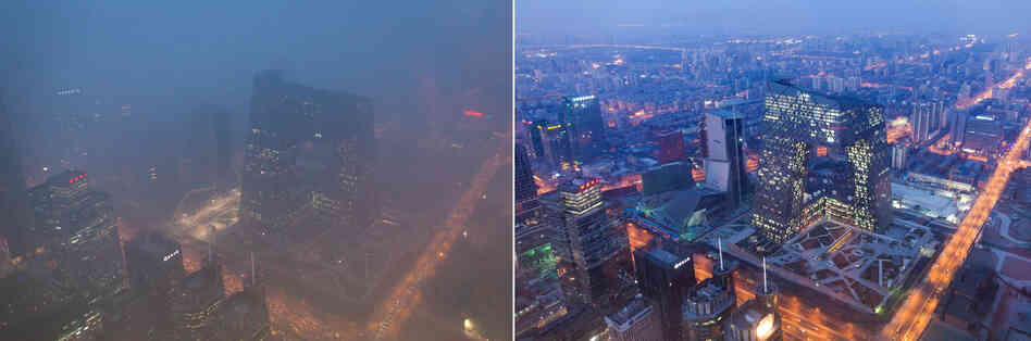 This combination of photos shows (left) the Beijing skyline during severe pollution  Monday, and the same view (right) taken during clear weather on Feb. 4, 2012.