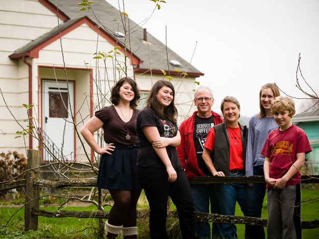 Bixby and Peyer (center) with their four children (from previous marriages). From left: Hope and Sierra Bixby, Bixby, Peyer, and Grace and Luke Peyerwold.