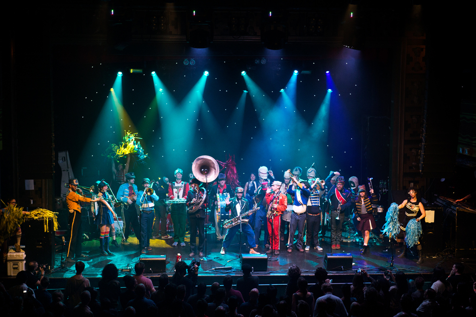 Mucca Pazza, a marching band with a punch of circus punk hailing from Chicago, attacked the stage with their bright uniforms and an accompanying set of cheerleaders. The headlining band's sound and size (they are composed of thirty members!) could barely be contained by the Ballroom stage.