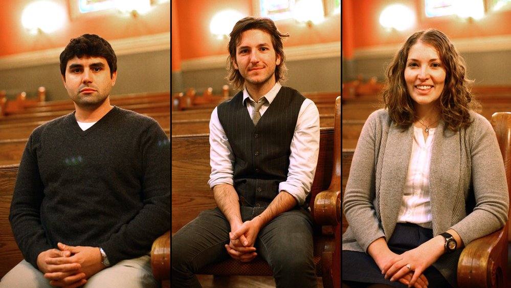 Rigoberto Perez (from left), Kyle Simpson and Miriam Nissly participated in a roundtable discussion about religion with NPR's David Greene at the Sixth & I Historic Synagogue.