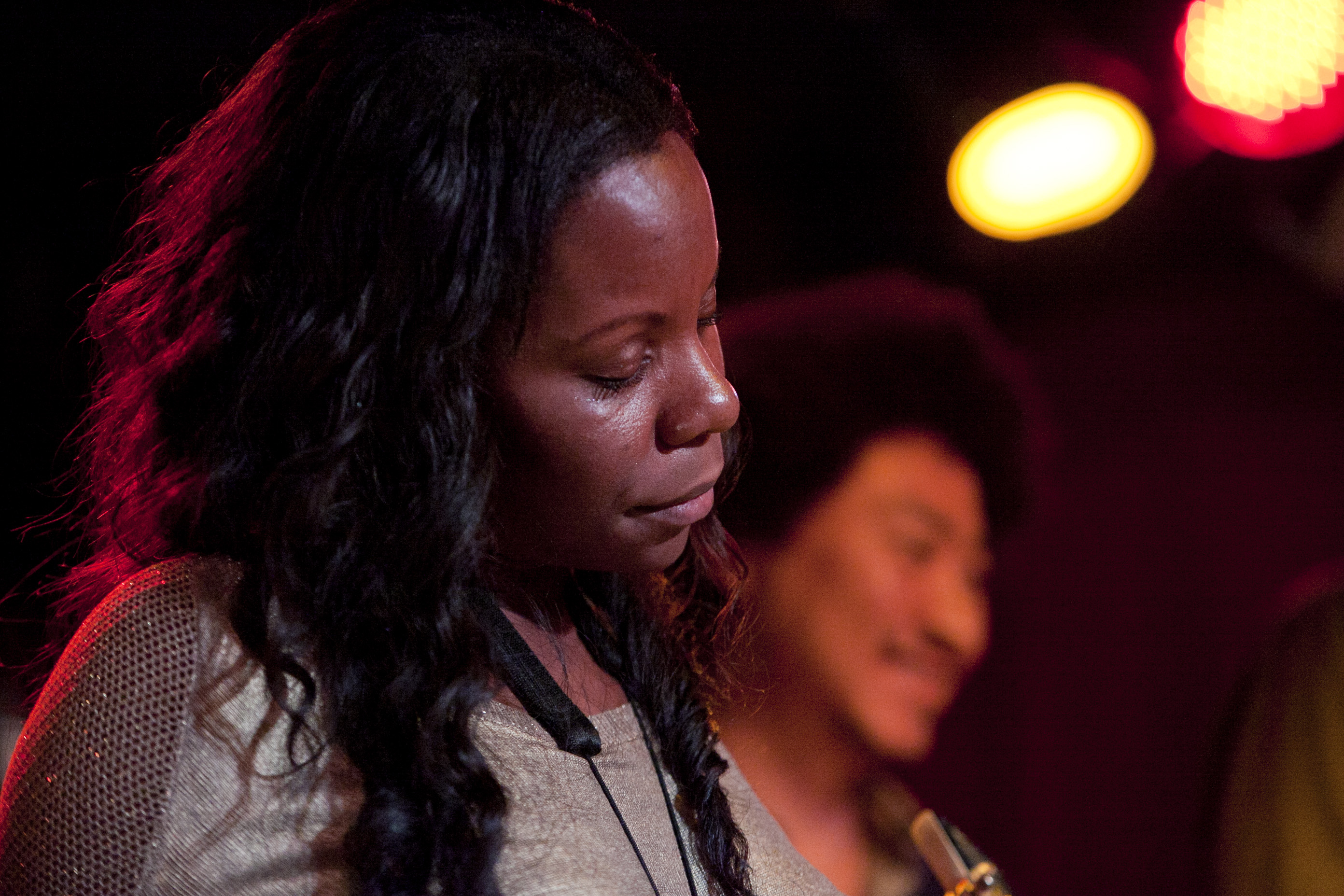 Tia Fuller (left) played saxophone in TAFFY, the bottom-heavy band of trombonist Corey King. Takuya Kuroda (background) played trumpet.