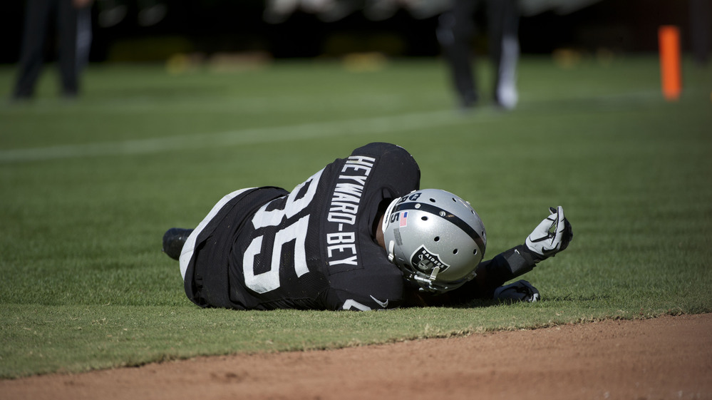 Oakland Raiders wide receiver Darrius Heyward-Bey lies motionless after he was hit while attempting to catch a pass during a Sept. 23, 2012, game against the Pittsburgh Steelers. Heyward-Bey suffered a concussion and neck strain and spent the night in the hospital under observation. Oakland Raiders wide receiver Darrius Heyward-Bey lies motionless after he was hit while attempting to catch a pass during a Sept. 23, 2012, game against the Pittsburgh Steelers. Heyward-Bey suffered a concussion and neck strain and spent the night in the hospital under observation.