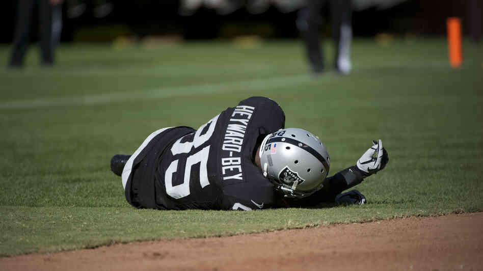 Oakland Raiders wide receiver Darrius Heyward-Bey lies motionless after he was hit while attempting to catch a pass during a Sept. 23, 2012, game against the Pittsburgh Steelers. Heyward-Bey suffered a concussion and neck strain and spent the night in the hospital under observation.
