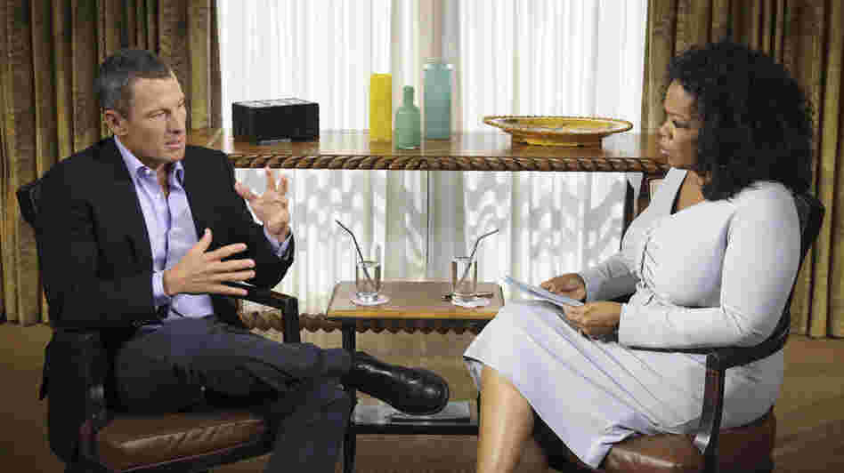Lance Armstrong speaks with Oprah Winfrey during taping for the show Oprah and Lance Armstrong: The Worldwide Exclusive in Austin, Texas, on Monday. The interview airs Thursday and Friday on the Oprah Winfrey Network.