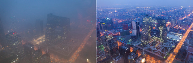 This combination of photos shows (left) the Beijing skyline during severe pollution Monday, and the same view (right) taken during clear weather on Feb. 4, 2012.