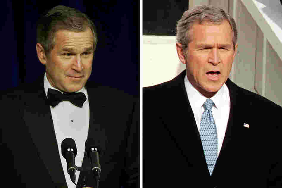 President George W. Bush greeted supporters at an inaugural ball in 2001 (left). Four years later, he was sworn in again on Jan. 20, 2005.