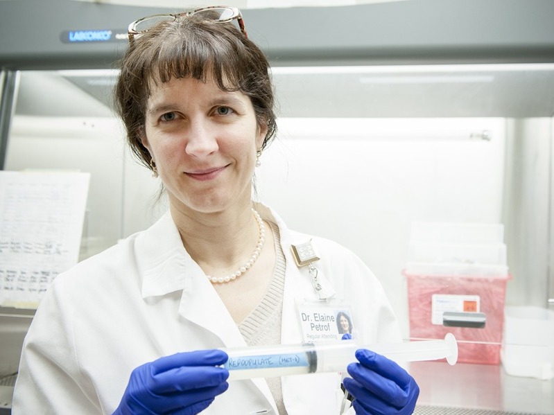 Dr. Elaine Petrof shows off the synthetic stool sample she developed to treat severe cases of diarrhea.