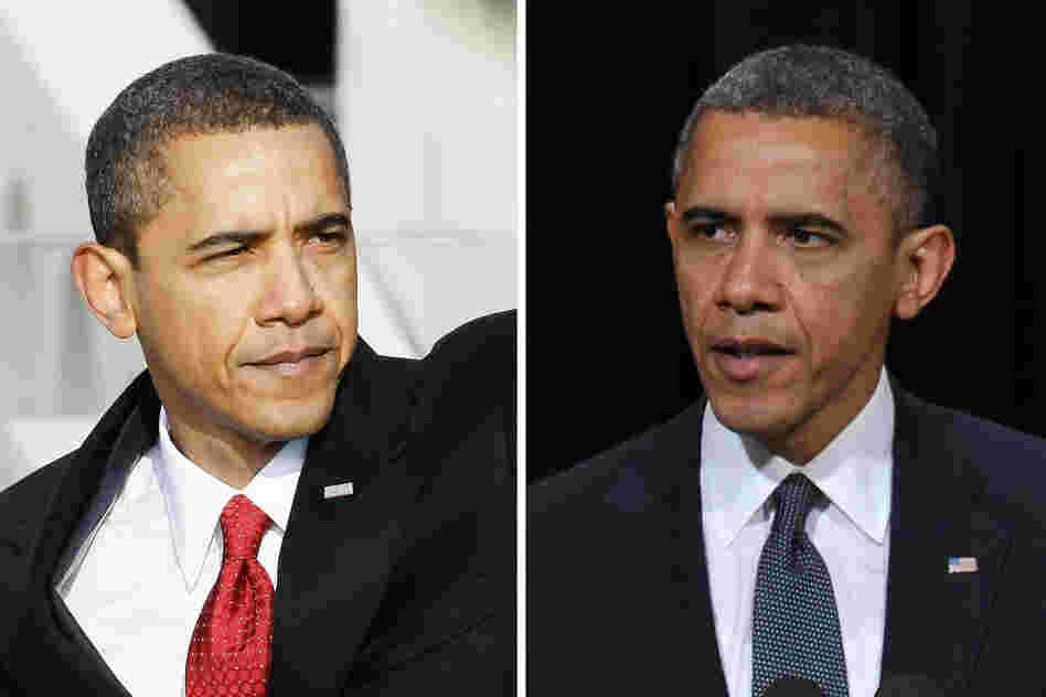 President Obama seems to have picked up a few gray hairs in the four years since he was sworn in on Jan. 20, 2009 (left). On the right, he's shown in December 2012.