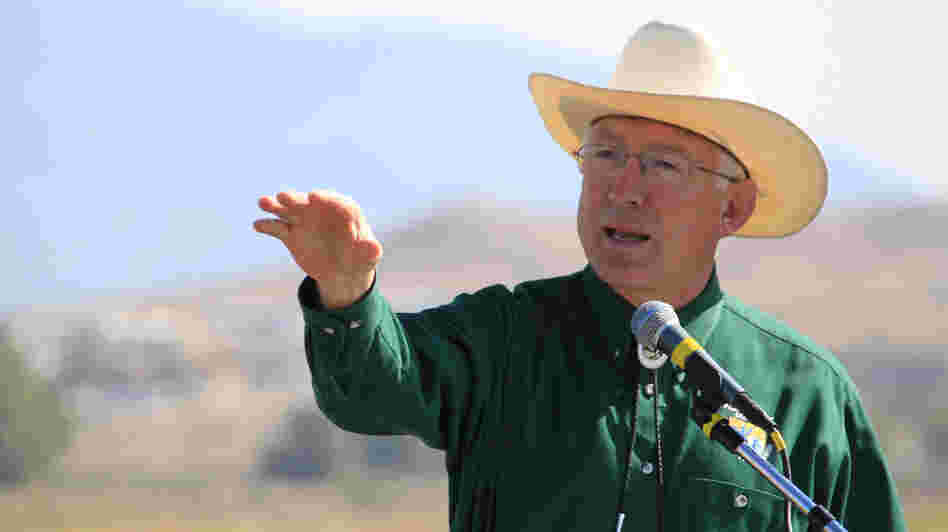 Interior Secretary Ken Salazar speaks at the dedication for the Southwest's first urban wildlife refuge on the southern edge of Albuquerque, N.M., on Sept. 27, 2012. Salazar has announced that he'll leave his post in late March and return to Colorado.