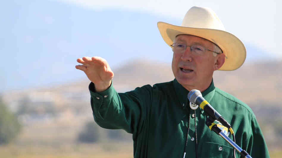 Interior Secretary Ken Salazar speaks at the dedication for the Southwest's first urban wildlife refuge on the southern edge of Albuquerque, N.M., on Sept. 27, 2012. Salazar has announced that he'll leave his post in late March and return to Colorado.
