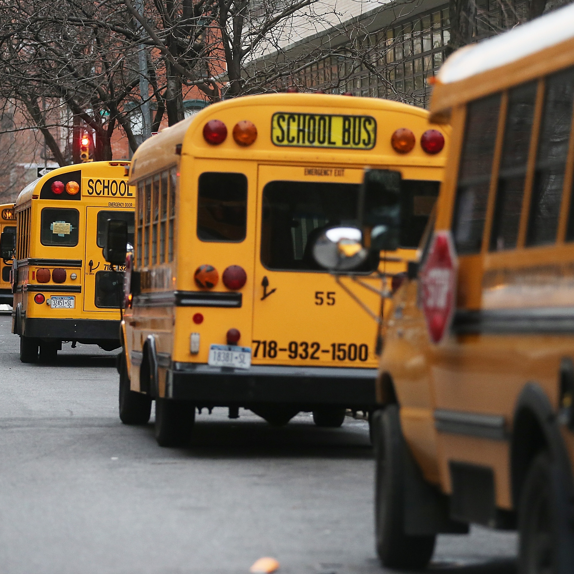 They won't be coming today: Tuesday, these school buses waited to pick up students in Manhattan. Today, drivers are on strike.