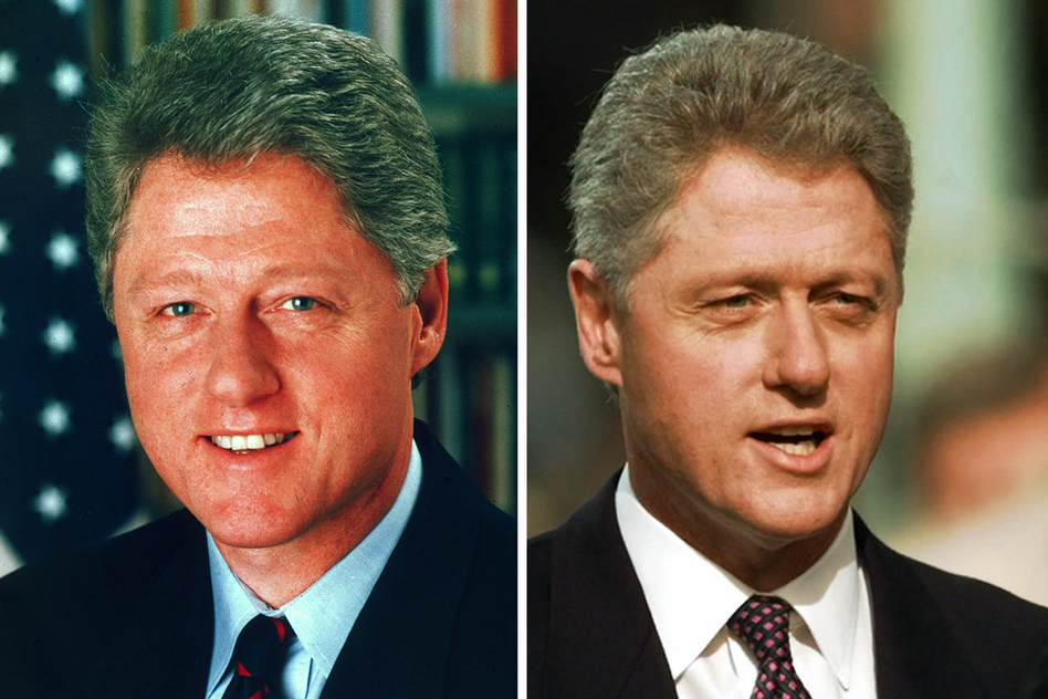 President Bill Clinton's January 1993 official White House photo (left) is stacked up against an image of him being sworn in for a second time on Jan. 20, 1997.