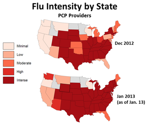 Data from primary care physicians show that, in just two weeks, the flu became more intense in several states. (Note: States that did not meet thresholds for data sampling are shown in gray.)