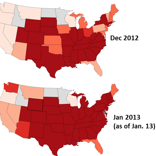 Data from primary care physicians show that, in just two weeks, the flu became more intense in several states. (Note: States that did not meet thresholds for data sampling are shown in gray.)