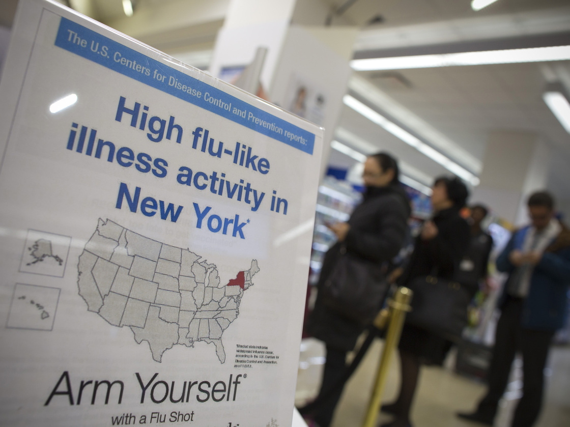People line up at a Duane Reade pharmacy in New York behind a sign announcing the recent flu outbreak.