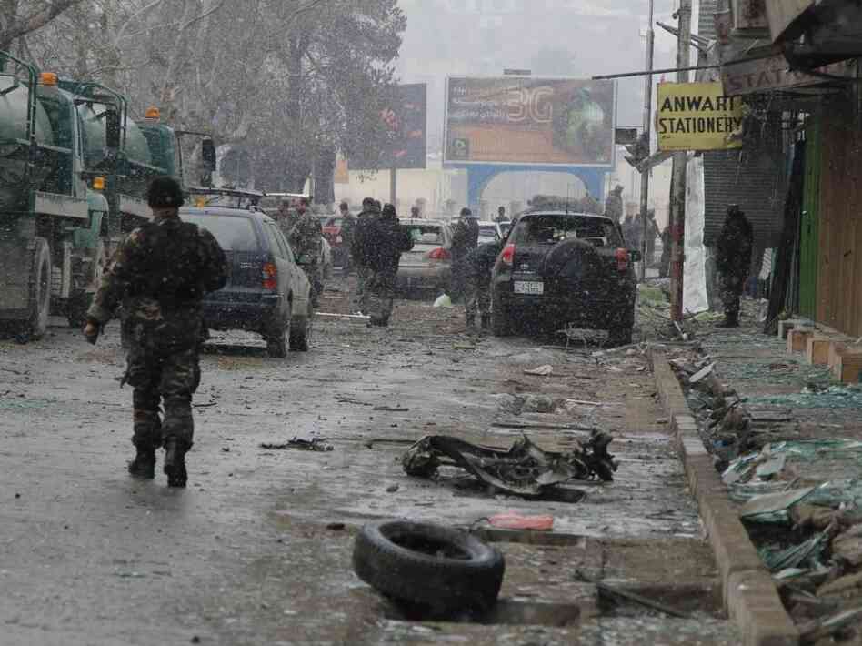 Debris littered the street at the scene of today's attack in Kabul.